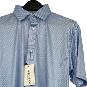 NEW Collars & Co Dress Collar Polo Mens L Performance Blue White Houndstooth $82